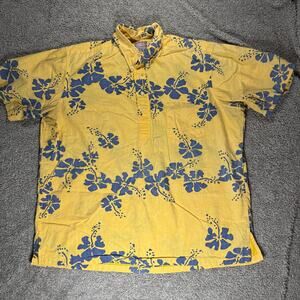 VTG Reyn Spooner Men’s Short Sleeve Hawaiian Hibiscus Blue Yellow Size XL